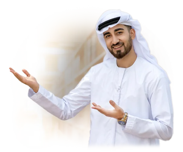 uae national smiling face and pointing to left