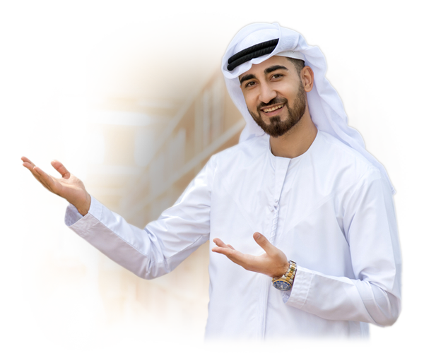 uae national smiling face and pointing to left